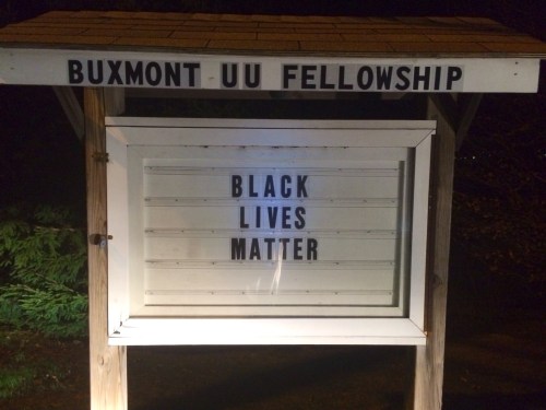 Sign outside the BuxMont Unitarian Universalist Fellowship, Warrington, Pennsylvania